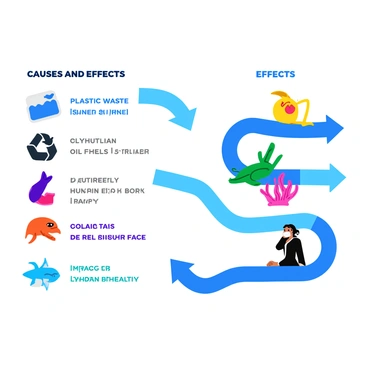 An infographic-style illustration that visually represents "causes and effects of ocean pollution". On the left side, there are various icons that symbolize pollution sources, including "plastic waste", "oil spills", "chemical runoff", and "sewage discharge." Each icon features a brief label underneath. Arrows lead from these icons to the right side, where the effects are illustrated, showing "marine life harm", "coral reef degradation", and "impact on human health". Each effect is accompanied by imagery of distressed sea creatures, dying coral, and a silhouette of a person wearing a mask. The overall layout is organized and colorful, promoting easy understanding of the important information conveyed.