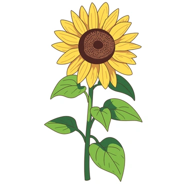 A yellow sunflower stands tall, showcasing its intricate petals that radiate outward in a circular formation. Each petal has delicate edges and a subtle texture. The center of the sunflower is a rich brown filled with tightly packed seeds and tiny, intricate patterns. Surrounding the sunflower are green leaves with detailed veins and a textured surface, enhancing the botanical aspect of the scene. Soft shadows cast by the flower add depth to the composition.