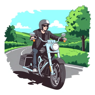 A rider wearing a black leather jacket and a matching helmet is gripping the handlebars of a classic Harley-Davidson motorcycle. The motorcycle is gleaming with chrome details and has a deep, rich paint job. The rider leans slightly forward as they cruise along a winding rural American road, lined with green trees swaying gently in the breeze. In the distance, there are rolling hills under a clear blue sky, creating a picturesque setting for their journey. The road ahead is asphalt with patches of sunlight filtering through the leaves, illuminating the scene.