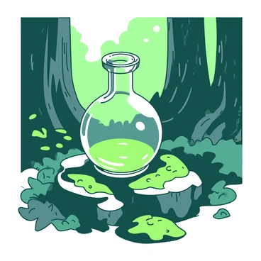 A rustic glass flask is resting on a mossy stone surrounded by vibrant green moss. Sunlight is filtering through the trees, casting dappled light across the scene. The forest is filled with tall trees, their trunks textured with bark, and the ground is covered with various shades of green foliage. The flask is slightly worn, with a few scratches on its surface, reflecting the gentle light that surrounds it. Small patches of sunlight illuminate the flask, enhancing its glassy texture amidst the natural setting.