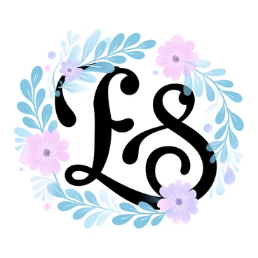 A pair of ornate initials gracefully intertwined, surrounded by detailed illustrations of delicate ferns and vibrant blossoms. The ferns have finely detailed fronds that curl elegantly around the initials, while the blossoms are in various stages of bloom, showcasing intricate petal textures. The overall composition is rich in detail, highlighting the natural beauty of the plant elements.