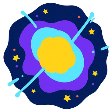 A bright pulsar emitting vibrant beams of light in all directions. The pulsar features swirling patterns that radiate outward, combining shades of blue, purple, and yellow. Surrounding the pulsar are small, glowing stars scattered across a dark backdrop, enhancing the pulsar's brilliance. The swirling colors create a sense of dynamic movement around the pulsar, highlighting its energetic nature.