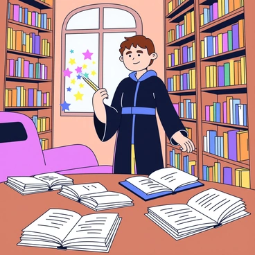 A young wizard apprentice with short brown hair is standing in a cozy library filled with tall wooden bookshelves. The apprentice is wearing a long, dark robe and has a focused expression while holding a slender wand. In front of him, colorful magical sparks are emanating from the tip of the wand, illuminating nearby books. The library has a warm glow, with a large window allowing soft sunlight to filter through. Several open spell books are scattered on a wooden table nearby, showcasing intricate illustrations and texts. A plush armchair sits in one corner, inviting further study.