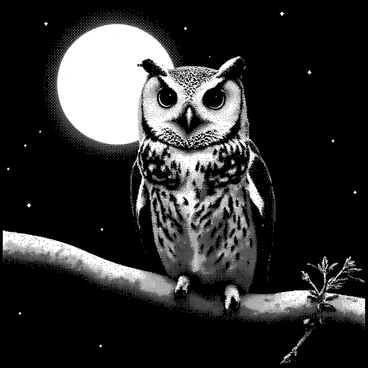 An owl with large round eyes and intricate feather patterns is perched on a thick branch of a tree. The moon is shining brightly in the night sky, illuminating the owl's features. The owl is facing towards the viewer with its beak open, as if saying "Hoot!" The background is filled with a deep night ambiance, with stars scattered across the sky. The branch has textured bark, and leaves surround the owl, adding depth to the scene.