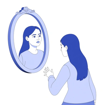 A person stands in front of a mirror, gazing intently into the reflective surface. The individual has a neutral expression, while the mirror reveals a distorted version of their features, creating an exaggerated and biased reflection. The mirror's frame is ornate, with intricate carvings along the edges. The background is simple, allowing the focus to remain on the person and the mirror. The lighting casts soft shadows, enhancing the contrasting appearances between the person and their reflection. The entire scene conveys a sense of introspection and complexity.