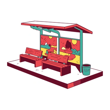 A bus stop featuring a structure with a roof supported by two sturdy teal posts. The walls of the bus stop are adorned with vibrant murals depicting various scenes of nature and city life, primarily in shades of red and yellow. Artistic benches line the area, designed with unique patterns and shapes, created from smooth wood with a polished finish. Each bench is placed strategically under the roof, inviting passengers to sit and enjoy the surroundings. A small teal trash bin is positioned nearby, maintaining the cleanliness of the colorful space.