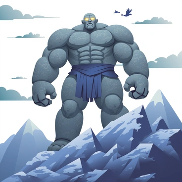 A colossal titan made of rough, gray stone is towering over a rugged mountain range. The titan has a powerful and muscular physique, with intricate details etched into its rocky surface, giving it a lifelike appearance. Its deep-set eyes are glowing slightly, casting an eerie light onto the surrounding mountains. The mountains are jagged and steep, with patches of snow on their peaks, and a sky filled with swirling dark clouds looms above. The titan stands with its arms slightly raised, as if ready to defend its territory, while a few birds fly high above, emphasizing the titan's immense size.