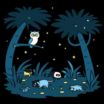 A dense jungle at night, featuring dark green foliage and towering trees. Glowing insects provide a soft, luminescent light scattered throughout the scene. An owl is perched on a branch, its wide yellow eyes observing the surroundings. The ground is covered with undergrowth, and shadows play among the plants as other nocturnal animals, such as a pair of small raccoons, forage quietly nearby. The atmosphere is alive with the sounds of night, with the faint rustling of leaves.