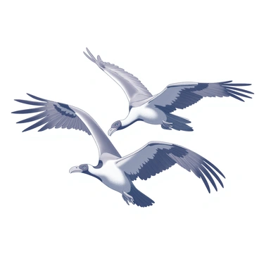 Two California condors soaring through the sky, their large wings spread wide. The birds are engaged in a playful interaction, with one condor slightly above the other. The condor on top is tilting its body while extending its wings, showcasing the intricate feather details. The lower condor is slightly tilted, appearing to engage in a chase or playful maneuver. Their beaks are open as if they are vocalizing, creating a dynamic and lively scene in mid-air. The background features a clear sky, emphasizing the majesty of these birds in flight.
