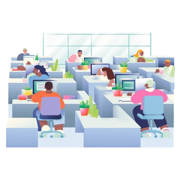 A wide view of an office space filled with rows of gray cubicles. Each cubicle is equipped with a desktop computer, a chair, and various office supplies. Employees with diverse appearances are seated at their desks, focused on their screens. Some have notepads and pens nearby, while others are using headphones. A large window in the background allows natural light to fill the room, casting soft shadows across the workspace. Potted plants are placed on some desks, adding a touch of greenery to the environment.