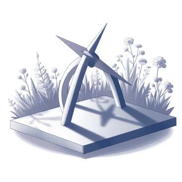 An ancient sundial stands prominently in a lush garden. The sundial's gnomon, a triangular blade, casts a sharp shadow across the ground. The shadow intricately aligns to create the shape of a digital clock display. The surrounding garden features various plants and flowers, some reaching towards the sun, enhancing the scene's natural beauty. The sunlight filters through the leaves, creating dappled patterns on the ground.