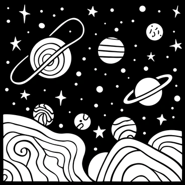 A night sky with stars and planets arranged in art nouveau forms