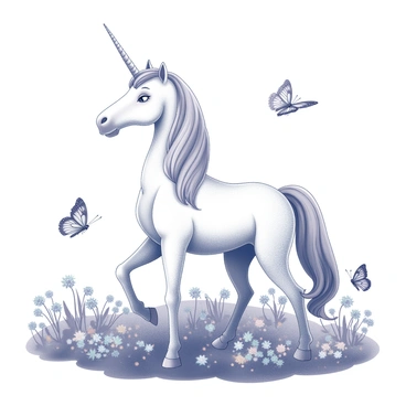 A unicorn standing gracefully in a lush garden. The unicorn has a shimmering white coat and a spiraled, pointed horn. The garden is vibrant and full of various flowers, with intricate details on the petals. Several butterflies are fluttering around the unicorn, each displaying unique patterns on their wings. The scene captures the harmony between the unicorn and the butterflies as they move through the garden.