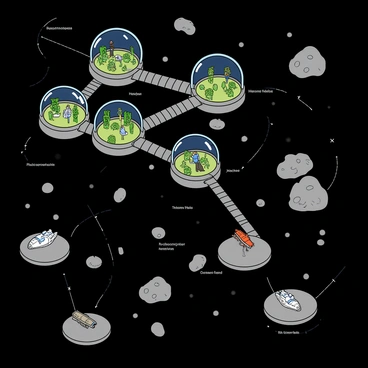 A detailed map of a space colony featuring multiple domed habitats interconnected with walkways. The domes are transparent, showcasing green plants and people inside. Various landing pads are spread across the map, each with a spacecraft parked on them. Surrounding the colony, there are several asteroid fields depicted, with large asteroids of differing shapes and sizes floating in the black background of space. The map is marked with labels indicating different areas of the colony and includes lines that represent pathways connecting the habitats to the landing pads.