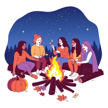 A group of friends is gathered around a warm, crackling bonfire. The flames are vibrant and dance in the night air, casting a soft glow on their cheerful faces. Above them, a starry night sky is filled with countless shining stars, creating a beautiful backdrop for their gathering. The friends are sitting on rustic wooden logs, some wrapped in cozy blankets, while others are roasting marshmallows on sticks. In the background, there are autumn leaves scattered on the ground, hinting at the Mabon celebrations. A large pumpkin is placed nearby, adding to the seasonal atmosphere.