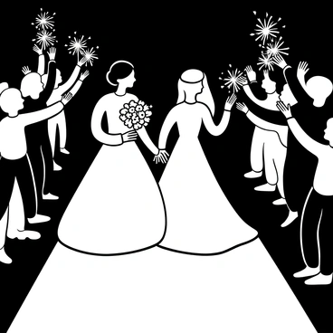 A bride in a flowing white gown, holding a bouquet of flowers, walks confidently, surrounded by her bridesmaid dressed in a matching gown. Both figures are illuminated by the glow of sparklers being held by guests on either side. The sparklers create a festive atmosphere with bright, twinkling lights filling the scene. The background shows the silhouettes of excited guests waving and cheering as the bride and bridesmaid make their grand exit.