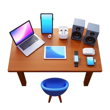 A collection of various tech gadgets neatly arranged on a wooden desk. There is a sleek laptop with a glowing keyboard, a smartphone with a vibrant screen, and a tablet displaying a colorful graphic. Next to them, a pair of wireless earbuds sits in a compact charging case. A smartwatch lies beside a portable charger, while a set of stylish speakers completes the arrangement. The gadgets are positioned harmoniously, showcasing their modern design and functionality.