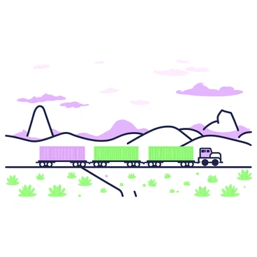 A long freight train is moving steadily across a vast desert landscape. The train consists of multiple cargo containers, each stacked neatly on flatbed cars. The desert features rolling sand dunes stretching into the horizon, with sparse vegetation dotting the landscape. The sky above is expansive, with a few scattered clouds. The train emits a plume of dust as it traverses the arid terrain, creating a defined path behind it. In the distance, there are rocky formations that break the flatness of the desert.