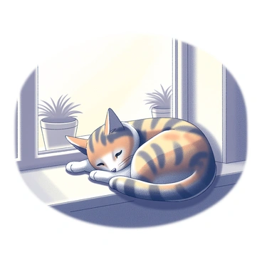 A tabby cat with distinctive orange and black stripes is curled up in a cozy position. It is sleeping on a windowsill, basking in the warm sunlight that streams through the glass. The cat's paws are tucked beneath its body, and its fur appears soft and fluffy. Outside the window, a gentle breeze sways a few potted plants, casting shadows on the sill. The scene conveys a sense of tranquility and comfort.