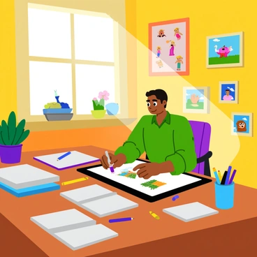 An illustrator sitting at a wooden desk in a cozy studio filled with art supplies and sketches. The illustrator is focused on drawing character designs on a digital tablet, with a variety of colorful characters displayed on the screen. Around the desk, there are notebooks filled with concept art, pencils, and vibrant markers scattered. Sunlight streams in through a window, illuminating the workspace and casting soft shadows. On the walls, there are framed illustrations and inspiration boards showcasing diverse characters and scenes for the animation project.