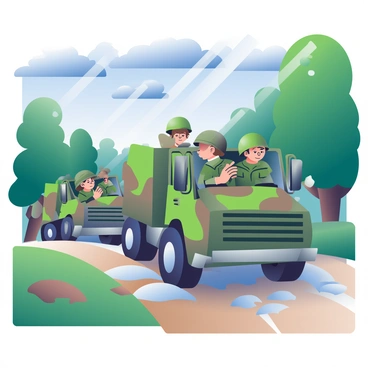 A convoy of military trucks is driving along a muddy road surrounded by dense green trees. The trucks are painted in camouflage colors, with some carrying troops in military uniforms seated in the back. Mud splashes up from the wheels as the trucks navigate through the wet terrain. In the foreground, a soldier is peering out from the side of the truck, wearing a helmet and looking determined. The sky above is overcast with dark clouds, hinting at impending rain.