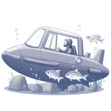 An explorer is seated inside a submarine, with large, transparent viewing windows revealing the underwater scene. The explorer is wearing a diving suit and a helmet with a clear visor. Outside the submarine, a school of fish is swimming together, their bodies streamlined and glimmering as they move gracefully through the water. The fish are depicted in various positions, some darting quickly while others glide smoothly. Bubbles rise in the water, and the submerged landscape features rocky formations and aquatic plants swaying gently with the current. The overall composition highlights the contrast between the interior of the submarine and the vibrant life outside.
