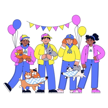 A group of pets wearing rally-themed outfits stands next to their owners. The dogs are dressed in colorful bandanas and hats with rally logos, while the cats sport tiny capes with matching patterns. The owners are wearing casual clothes that coordinate with their pets, featuring bright colors and playful designs. The scene is vibrant, with balloons and flags decorating the background, creating a festive atmosphere. Everyone is smiling, and the pets are playfully interacting with their owners.