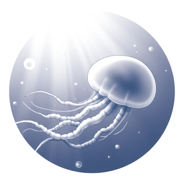 A jellyfish with a translucent body, featuring long, flowing tentacles, is gracefully drifting through the ocean. The tentacles trail behind it, creating delicate patterns in the water. Sunlight filters down from the surface, casting ethereal rays that illuminate the jellyfish and the surrounding water, creating a sense of depth and tranquility in the underwater scene. Bubbles rise gently around the jellyfish, adding to the fluid motion of the environment.