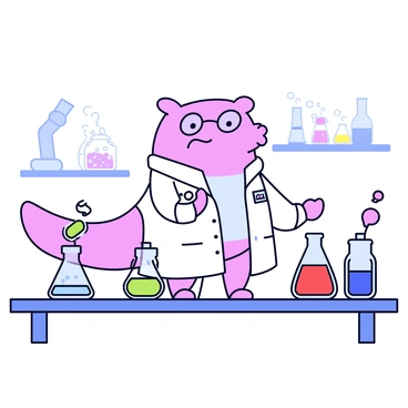 An axolotl with a light pink body, wearing round glasses perched on its snout. It is dressed in a white lab coat that has pockets filled with small tools. The axolotl is standing on a lab table filled with colorful potions in various glass flasks, each with vibrant hues of blue, green, and red. Some potions produce bubbles and steam, adding to the atmosphere of experimentation. The background features simple laboratory equipment like beakers and a microscope.