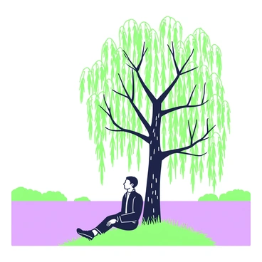 A weeping willow tree stands at the edge of a calm river, its long, flowing branches gently drooping toward the water. The trunk of the tree is thick and textured, displaying intricate bark patterns. Beneath the tree, Heathcliff is seated on the grassy bank, his posture relaxed as he leans against the tree's sturdy trunk. He wears a dark coat and has a contemplative expression on his face as he gazes across the water. The surface of the river reflects the greenery surrounding it, adding a serene touch to the scene.