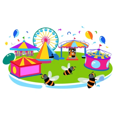 A group of colorful flies with vibrant wings are buzzing around a lively carnival scene. Various amusement rides, including a spinning Ferris wheel and a carousel adorned with bright lights, are in motion. Stalls lined with colorful banners display games like ring toss and dart-throwing. Balloons of different hues float in the air, adding to the celebratory atmosphere. The ground is covered with colorful confetti, and cheerful sounds of laughter and excitement can be felt throughout the scene.