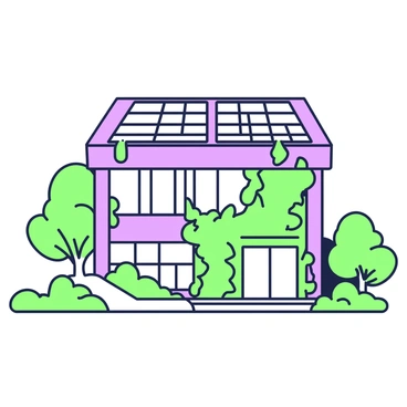 A modern building with an eco-friendly design is prominently displayed. The structure features living walls adorned with various green plants cascading down its sides. Large solar panels are installed on the roof, angled to capture sunlight effectively. The facade of the building showcases large windows that reflect the surroundings, allowing natural light to illuminate the interior. In front of the building, there are small trees and shrubs, contributing to the overall greenery of the environment. A pathway leads up to the entrance, inviting visitors to explore the sustainable architecture.