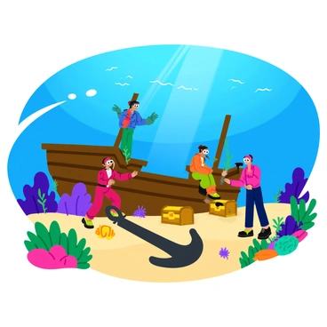 Divers discovering a sunken pirate ship on the sea floor