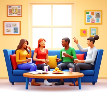 A cozy department lounge area with comfortable seating and warm lighting. Several illustrators are sitting together, chatting and laughing. They each have cups of coffee in hand and plates of various snacks on the low table beside them. The walls are decorated with colorful artwork and sketches created by the illustrators. A large window lets in natural light, illuminating the space. One illustrator has a sketchbook open on their lap, while another is playfully pointing at a comic strip on their phone.