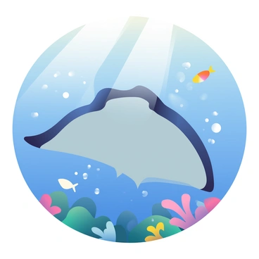 A graceful manta ray is gliding through the ocean, its impressive wings outstretched and elegantly flowing with the water currents. The manta ray is a deep blue color, with contrasting white markings on its underside. Sunlight filters down from the surface, creating shimmering beams that illuminate the surrounding water. Tiny bubbles are rising around the manta ray, and small fish can be seen swimming nearby, creating a lively underwater scene. Coral formations in the background add layers of vibrant colors to the environment.