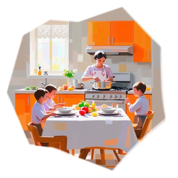 A cozy 1930s kitchen with warm wooden cabinets and a vintage stove. A mother with light skin and dark hair, wearing a floral apron, is stirring a pot on the stove, focused on preparing a meal. The kitchen features checkered floor tiles and a window with lace curtains, letting in soft natural light. Two children, one boy and one girl, are setting the table nearby. The boy, wearing a striped shirt, is placing plates on the table, while the girl, dressed in a simple dress, is arranging silverware. Various cooking utensils and ingredients are scattered across the countertop, adding to the homey atmosphere.