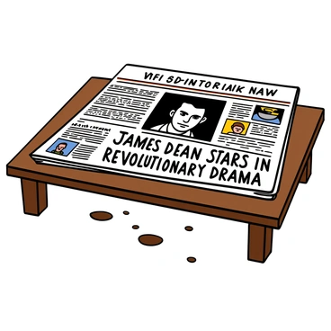 A newspaper lying on a wooden table featuring a black and white photograph of "James Dean" with a serious expression. The photograph takes up most of the upper half of the newspaper. Below the photo, there is a bold headline that reads "James Dean Stars in Revolutionary Drama." The layout of the newspaper has various articles and images surrounding the main photo, with text in different fonts and sizes, creating a classic newspaper look. The table surface has a few coffee stains, adding to the scene's authenticity.