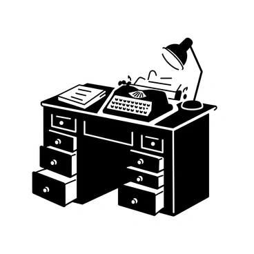 An old-fashioned bureau with a vintage typewriter and sheets of paper