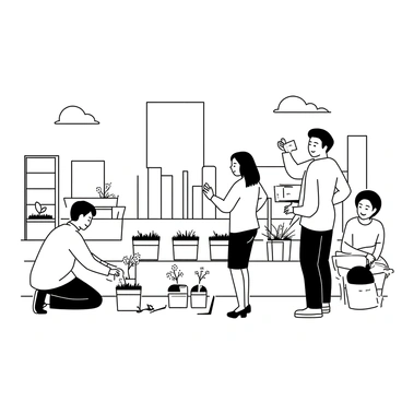 A rooftop urban garden filled with various potted plants and small trees. Several people are present, with a man kneeling down, carefully watering a flowering plant. A woman standing nearby is inspecting a row of herbs, her hands on her hips as she smiles. Another person is sitting on a bench, looking out over the city skyline, holding a book. The garden has wooden planters and trellises, and there are gardening tools scattered about. The sky above is clear with a few clouds.