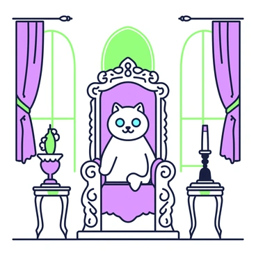 A ragdoll cat with striking blue eyes is sitting majestically on a grand throne. The throne is intricately designed, featuring ornate carvings and plush upholstery. The background reveals a fantasy castle interior, adorned with elegant decor such as lavish tapestries hanging on the walls. There are tall windows with flowing drapes that frame the scene, allowing soft light to filter into the room. To the sides of the throne, there are small tables holding decorative items like vases and candlesticks, enhancing the regal ambiance.
