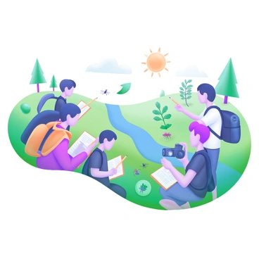 A group of students gathered on a grassy field, each equipped with notebooks and pencils, diligently documenting their observations. Some students are crouched down examining plants, while others are pointing at various insects. In the background, there is a small stream flowing gently, and trees line the horizon. Each student is wearing a backpack, and one student is taking a photo with a camera. A bright sun is shining above, casting soft shadows on the ground.
