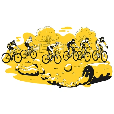 A group of cyclists striving for position in a cyclocross race. Each cyclist is wearing a helmet and cycling gear, with some featuring bright yellow accents on their outfits. The scene captures several riders navigating through challenging muddy terrain, with their bikes splattered in mud. Obstacles such as hay bales and wooden barriers are strategically placed along the racecourse. Their wheels are kicking up dirt and mud, showcasing the effort they are exerting. In the background, trees and spectators watching the race can be seen, adding to the atmosphere of competition.