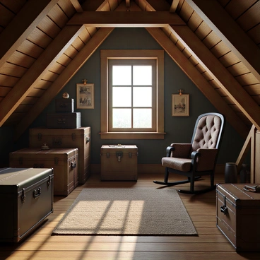 A nostalgic 3D attic room with slanted wooden ceilings and rustic wooden beams. The space is filled with various vintage trunks stacked in different sizes, displaying worn leather and faded designs. Old photographs are scattered on the floor and hanging on the walls in ornate frames, capturing moments from the past. A classic rocking chair with a dark finish is positioned by the window, its seat cushion embellished with a floral pattern. Soft rays of light filter through the dusty window, illuminating the scene and creating a warm, inviting atmosphere.