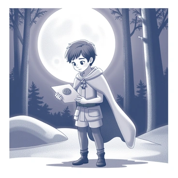 A young hero stands in an open area, illuminated by the glow of a full moon. The character has an expression of curiosity and determination on their face as they examine a letter that has been placed before them. The letter is slightly crumpled and sealed with a wax emblem, suggesting its importance. Surrounding the hero, the landscape comprises tall trees casting intricate shadows, and the moonlight bathes the scene in a silver hue, enhancing the sense of mystery. The hero is dressed in a simple yet adventurous outfit, with a lightweight cloak billowing softly in the night breeze.