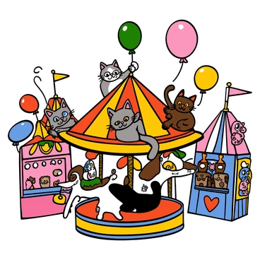 A variety of cats playing and enjoying themselves at a vintage carnival. There are several cats of different breeds, including a fluffy Persian with big eyes, a sleek Siamese with big eyes, and a playful tabby with big eyes. They are riding on colorful carousel horses and playing with oversized balloons. Bright lights illuminate the scene, casting vibrant colors across the carnival rides and stalls. The background features classic carnival games with stuffed animals as prizes, and a cotton candy stand, all contributing to a lively atmosphere filled with excitement and fun.