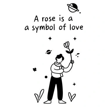 A figure with a scarf draped around the neck is gently holding a single rose, carefully cradling it in both hands. The rose has delicate petals and a long stem. The figure stands in a simple, open landscape, with a few small stars twinkling in the sky above. Surrounding the figure, there are small planets and asteroids scattered in the background, adding to the whimsical atmosphere. The figure's posture suggests a sense of wonder and appreciation for the rose. The words "A rose is a symbol of love" are integrated into the scene, positioned above the figure and rose.