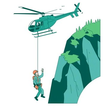 A teal helicopter hovers above a steep cliff, its blades whirling as it prepares for a dramatic rescue. Below, a rescue worker is lowered by a sturdy rope, wearing a bright orange helmet and gear. The rescue worker's focused expression shows determination as they reach towards a stranded hiker on the rocky ledge. The hiker, dressed in light-colored clothes, stretches out their hand, looking relieved to see help arriving. The rugged cliff is dotted with patches of green vegetation and sharp rocks, providing a challenging backdrop to the intense scene.