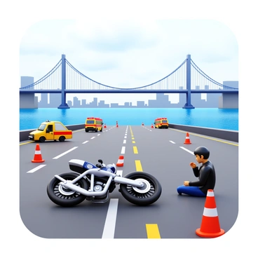 A large suspension bridge stretches across a wide river. In the foreground, a motorcycle lies on its side, with visible damage to its frame. The rider, wearing a black leather jacket and a helmet, is sitting on the ground nearby, looking distressed. Traffic cones surround the motorcycle, and emergency response vehicles are parked on the bridge. In the background, the city skyline is visible under a cloudy sky, adding a sense of urgency to the scene. Debris from the motorcycle is scattered on the roadway, and a few onlookers are watching the scene unfold.