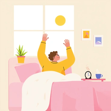 A cozy bedroom with soft, warm lighting coming through a window. A person with short brown hair is sitting up in bed, stretching their arms towards the ceiling. The bed is covered with a fluffy comforter in pastel colors. There is a bedside table with a small clock and a steaming cup of coffee. A potted plant sits on the windowsill, and a bright sun is shining outside, creating a cheerful atmosphere. The walls are adorned with calming pictures, contributing to the peaceful setting.