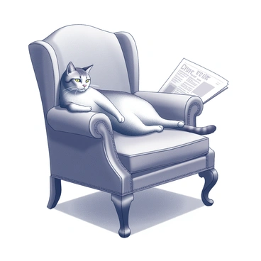 A Victorian cat lounging in a plush armchair. The cat has a relaxed posture, with its eyes half-closed, and is resting against the soft fabric of the chair. A rolled-up newspaper lies beside it on the armrest, adding to the scene's charm. The armchair is elegantly designed, featuring ornate wooden legs and intricate upholstery patterns. The room has a warm ambiance, with soft shadows emphasizing the contours of the furniture.